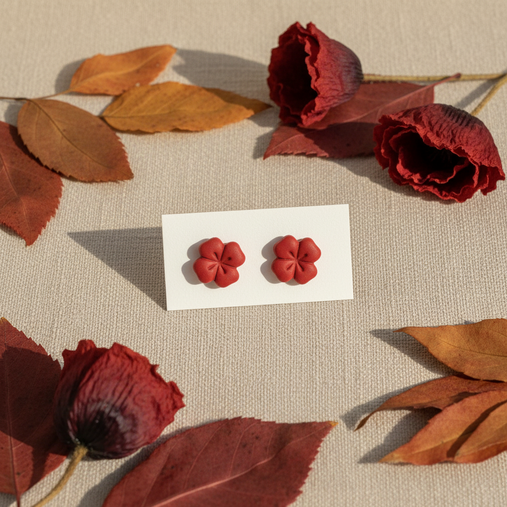 Briar Studs in Poppy Red — handmade polymer clay 5-petal flower stud earrings with minimal etched petal lines, displayed on white card with dried red poppies and russet autumn leaf styling, handcrafted in New Zealand by Crafty Larder