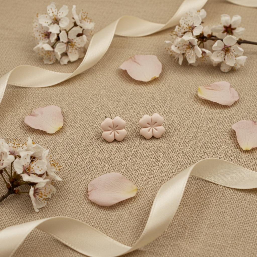Briar Studs in Primrose Pink flat lay with dried white cherry blossoms and pale pink rose petals on warm linen, handmade polymer clay earrings from Crafty Larder's Harvest & Dusk Collection