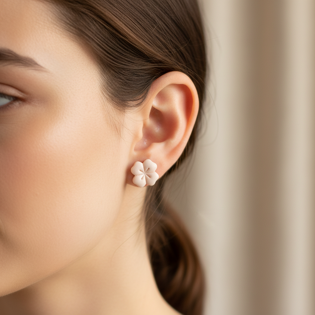 Woman wearing Briar Studs in Primrose Pink, soft blush white cream polymer clay flower studs with etched petal lines, handcrafted in New Zealand by Crafty Larder