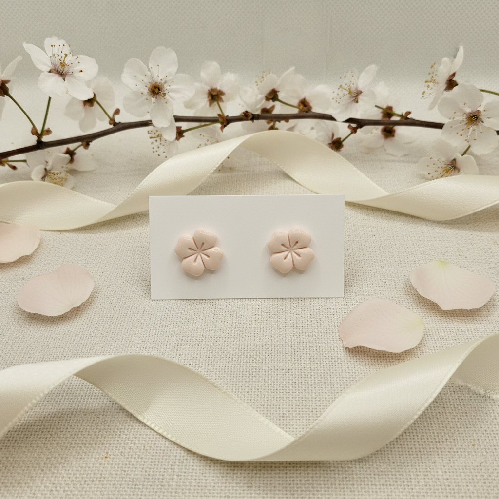 Briar Studs in Primrose Pink — handmade polymer clay 5-petal flower stud earrings with etched petal detail, displayed on white card with delicate cherry blossom and rose petal styling, handcrafted in New Zealand by Crafty Larder