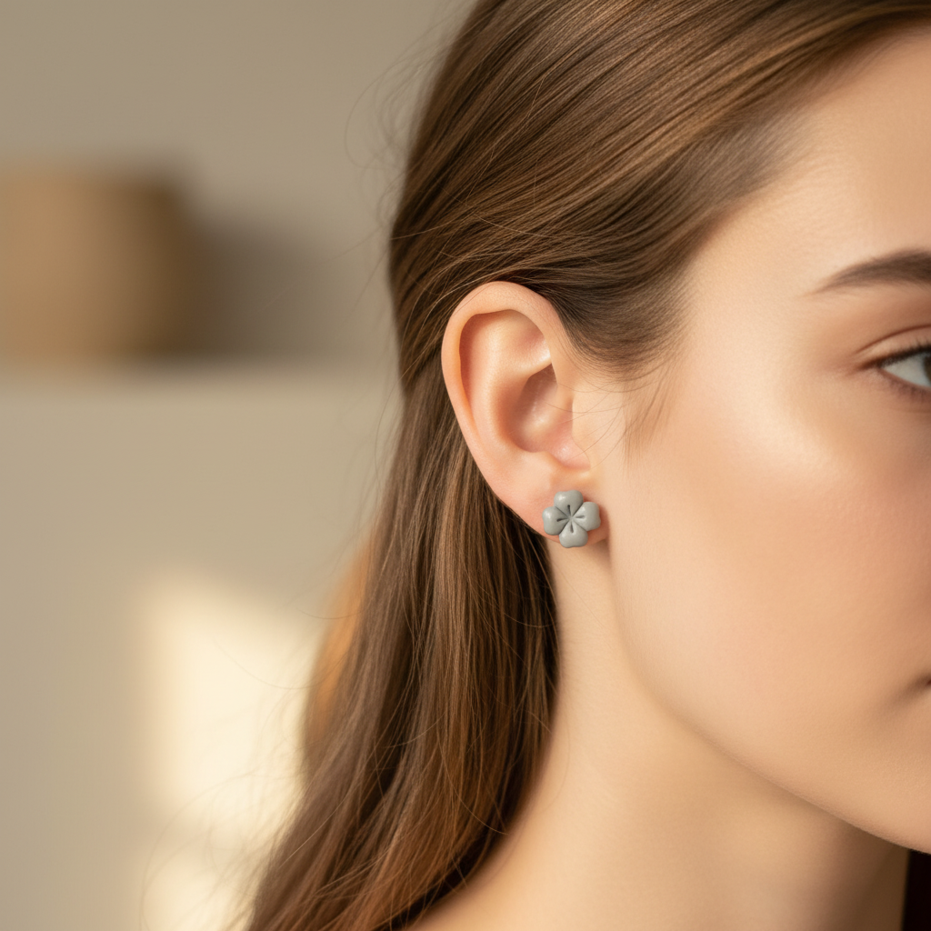 Woman wearing Briar Studs in Vapor Blue, cool muted grey-blue polymer clay flower studs with minimal etched petal lines, handcrafted in New Zealand by Crafty Larder