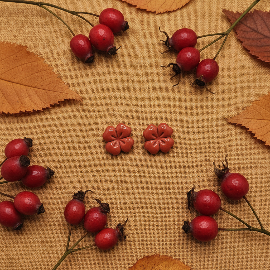 Briar Studs in Winterberry flat lay with deep red winterberries and russet autumn leaves on warm linen, handmade polymer clay earrings from Crafty Larder's Harvest & Dusk Collection