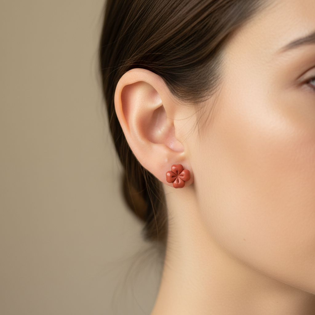 Woman wearing Briar Studs in Winterberry, warm terracotta red polymer clay flower studs with minimal etched petal lines, handcrafted in New Zealand by Crafty Larder