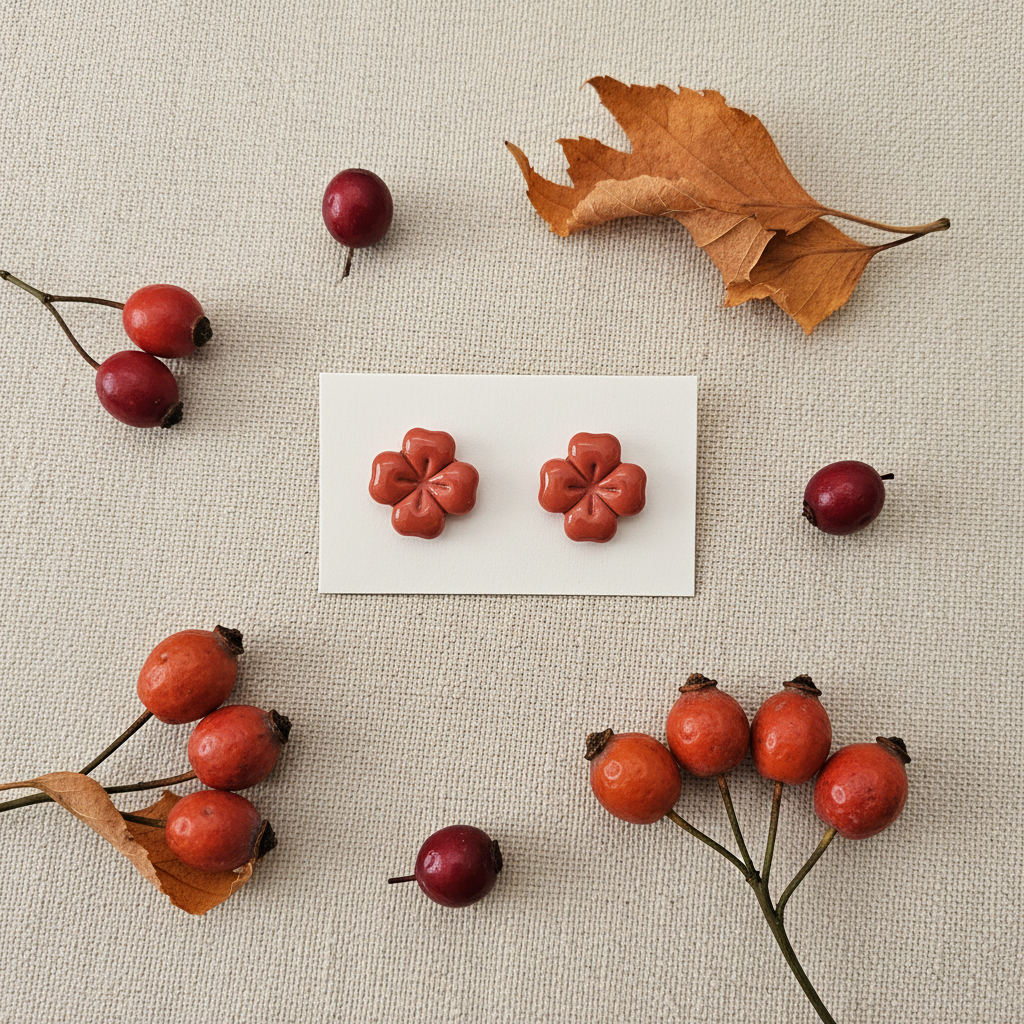Briar Studs in Winterberry — handmade polymer clay 5-petal flower stud earrings with clean etched petal lines and glossy finish, displayed on white card with deep red winterberries and rosehip styling, handcrafted in New Zealand by Crafty Larder