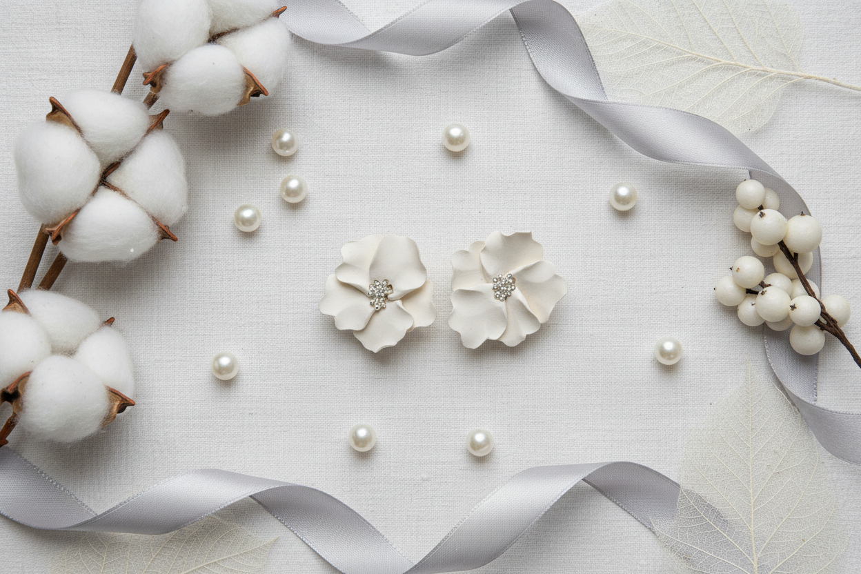 Autumn Petal Studs in Bright White flat lay with white cotton flowers and pearl beads on crisp white linen, handmade polymer clay earrings from Crafty Larder's Harvest & Dusk Collection