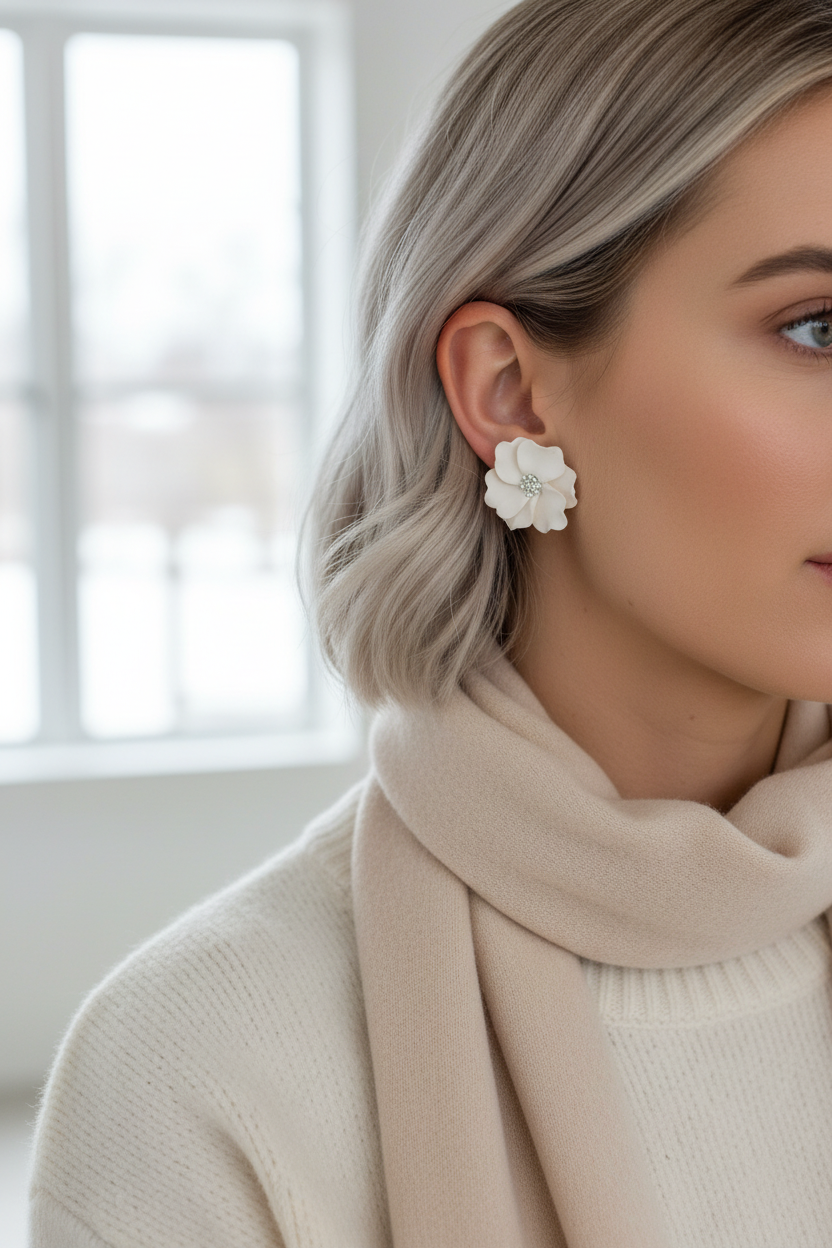 Woman wearing Autumn Petal Studs in Bright White, large polymer clay floral studs with silver centre, handcrafted in New Zealand
