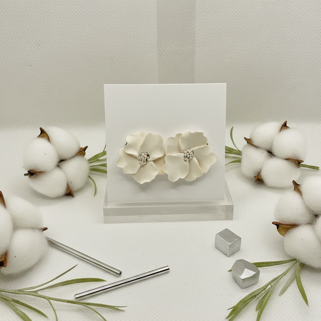 Autumn Petal Studs in Bright White — handmade polymer clay floral stud earrings with silver stamen, displayed on white card with white cotton flower botanical styling