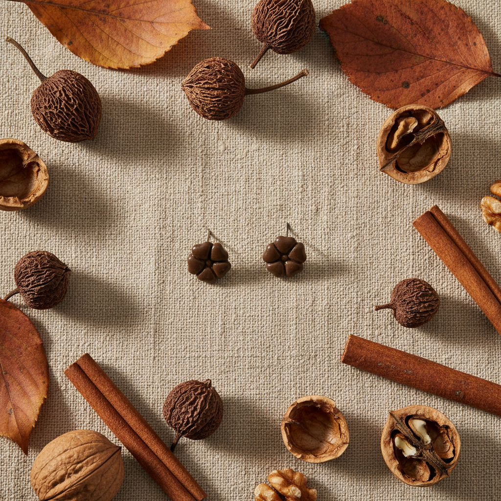 Blossom Studs in Bronze Brown flat lay with dried seed pods, cinnamon sticks and russet autumn leaves on warm linen, handmade polymer clay earrings from Crafty Larder's Harvest & Dusk Collection