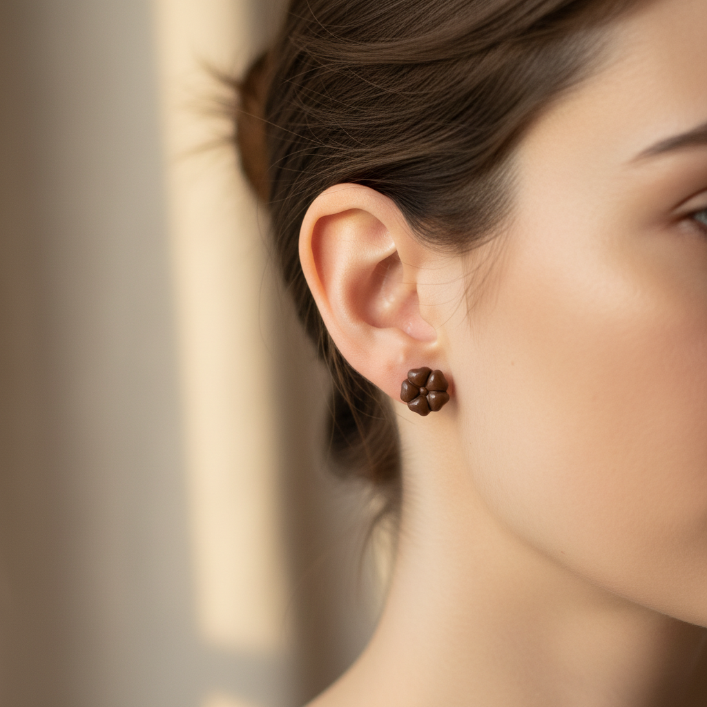 Woman wearing Blossom Studs in Bronze Brown, rich dark chocolate brown polymer clay 5-petal flower studs, handcrafted in New Zealand by Crafty Larder