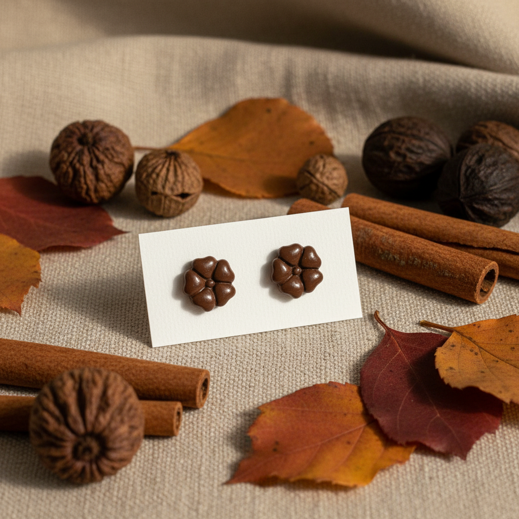 Blossom Studs in Bronze Brown — handmade polymer clay 5-petal flower stud earrings, displayed on white card with warm earthy botanical styling, handcrafted in New Zealand by Crafty Larder