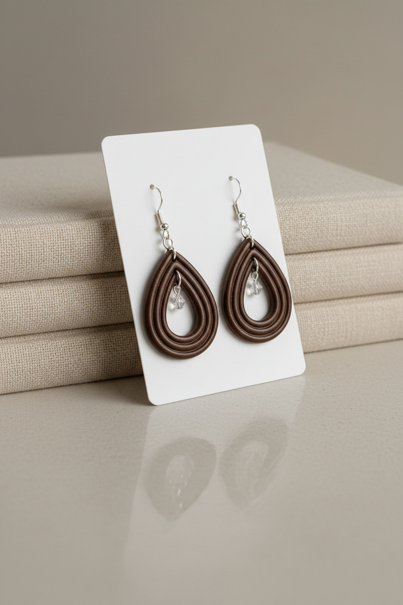Handmade polymer clay Raindrop Crystal Earrings in Bronze Brown — deep dark espresso brown open teardrop hoop earrings with crystal bead drop, displayed on a plain white jewellery card propped against linen