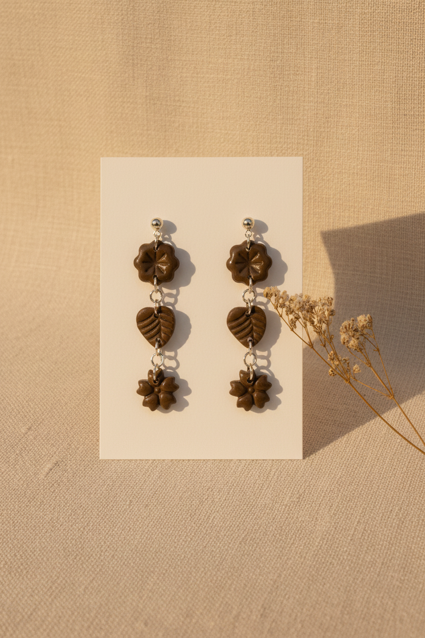 Handmade polymer clay Botanical Trio Earrings in Bronze Brown — deep olive-brown three-tier flower, leaf & flower drop earrings on a plain white jewellery card with dried botanical stem