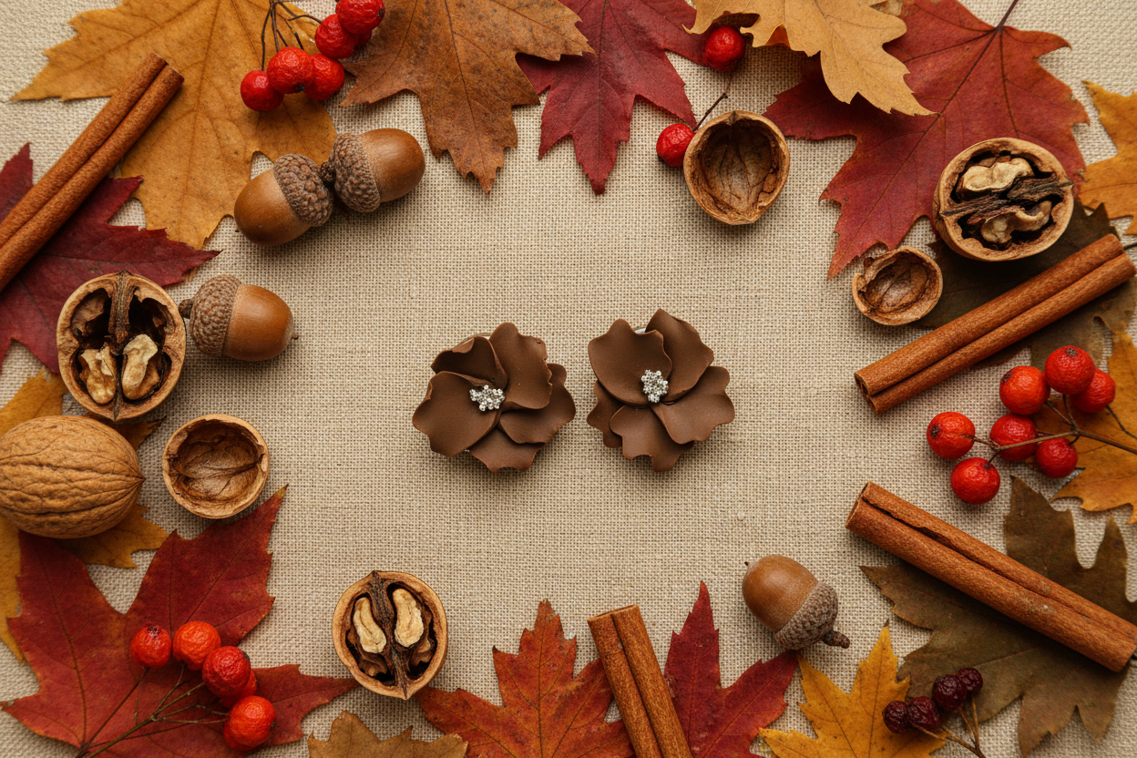 Autumn Petal Studs in Bronze Brown flat lay with acorns, cinnamon sticks and autumn leaves on warm linen, handmade polymer clay earrings from Crafty Larder's Harvest & Dusk Collection