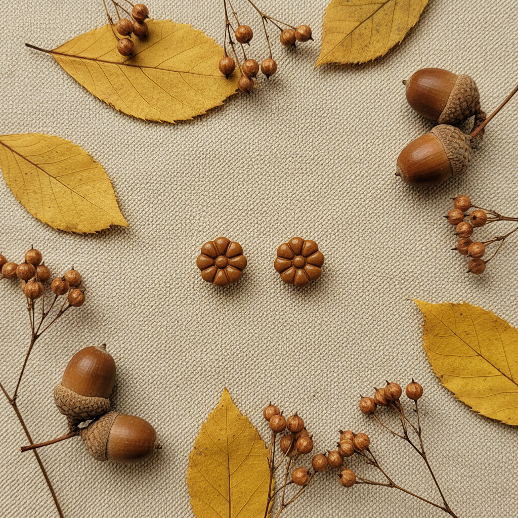 Dahlia Studs in Bronze Brown flat lay with dried golden leaves and acorns on warm linen, handmade polymer clay earrings from Crafty Larder's Harvest & Dusk Collection