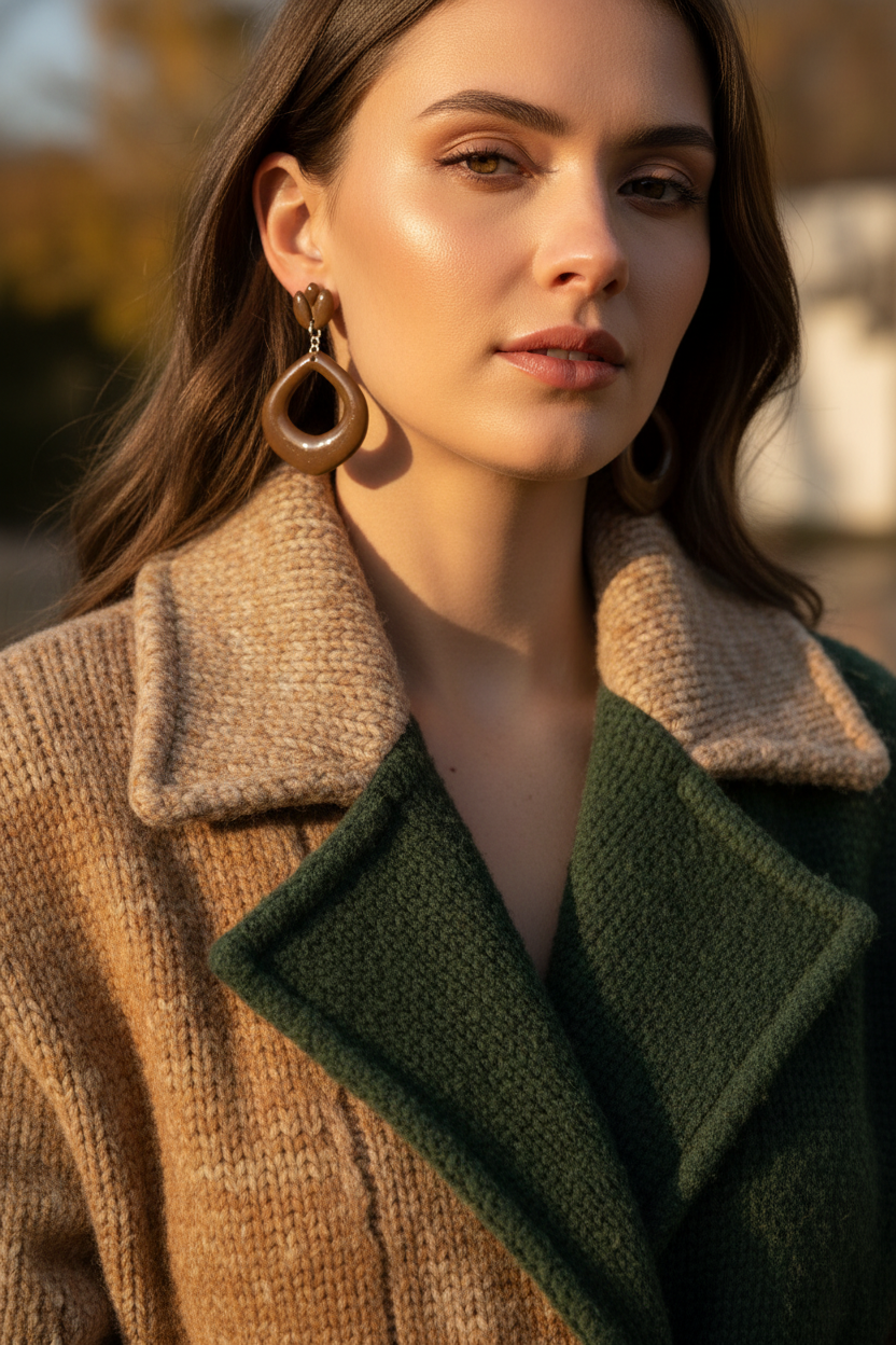 Model wearing Crafty Larder Tulip Loop Earrings in Bronze Brown — handmade polymer clay dangle earrings in warm earthy olive-brown, styled with a cosy autumn knit