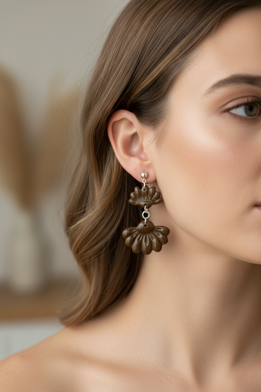Close up of model wearing Crafty Larder Petal Tier Earrings in Bronze Brown — handmade polymer clay two-tiered ruffled drop earrings in deep olive-brown