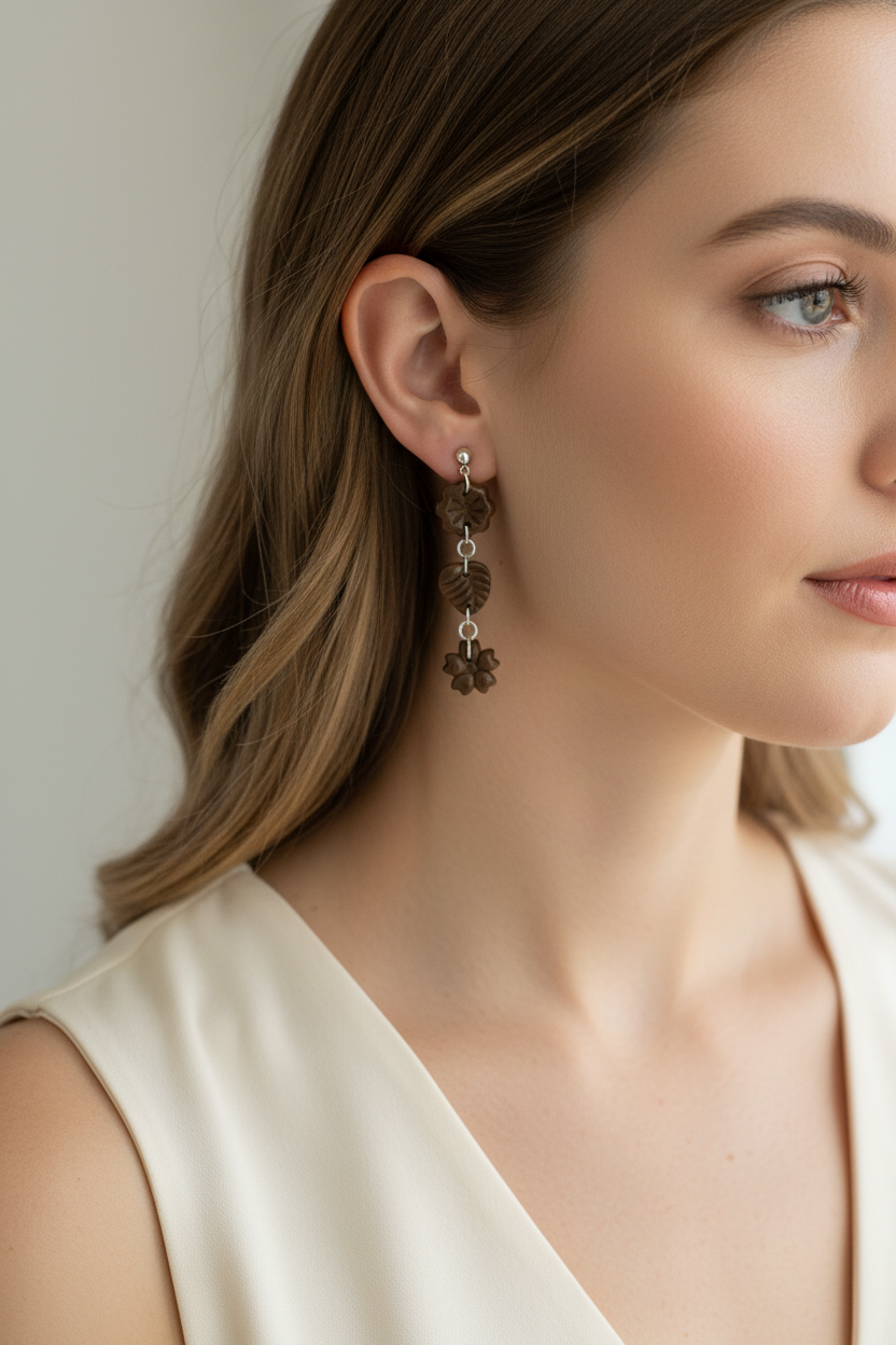 Model wearing Crafty Larder Botanical Trio Earrings in Bronze Brown — handmade polymer clay three-tier botanical drop earrings in deep olive-brown showing full length against neck and collarbone