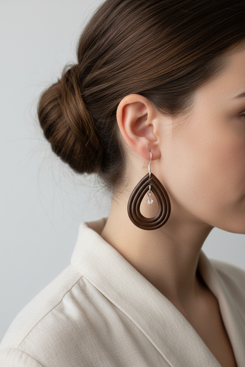 Side profile of model wearing Crafty Larder Raindrop Crystal Earrings in Bronze Brown — handmade polymer clay open teardrop hoop earrings with crystal bead in deep dark espresso brown, hair up showing full earring