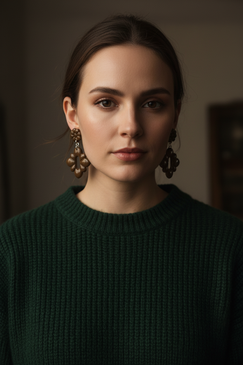 Model wearing Crafty Larder Gerbera Drop Earrings in Bronze Brown — handmade polymer clay dangle earrings in deep olive-brown, styled with a rich dark autumn winter outfit