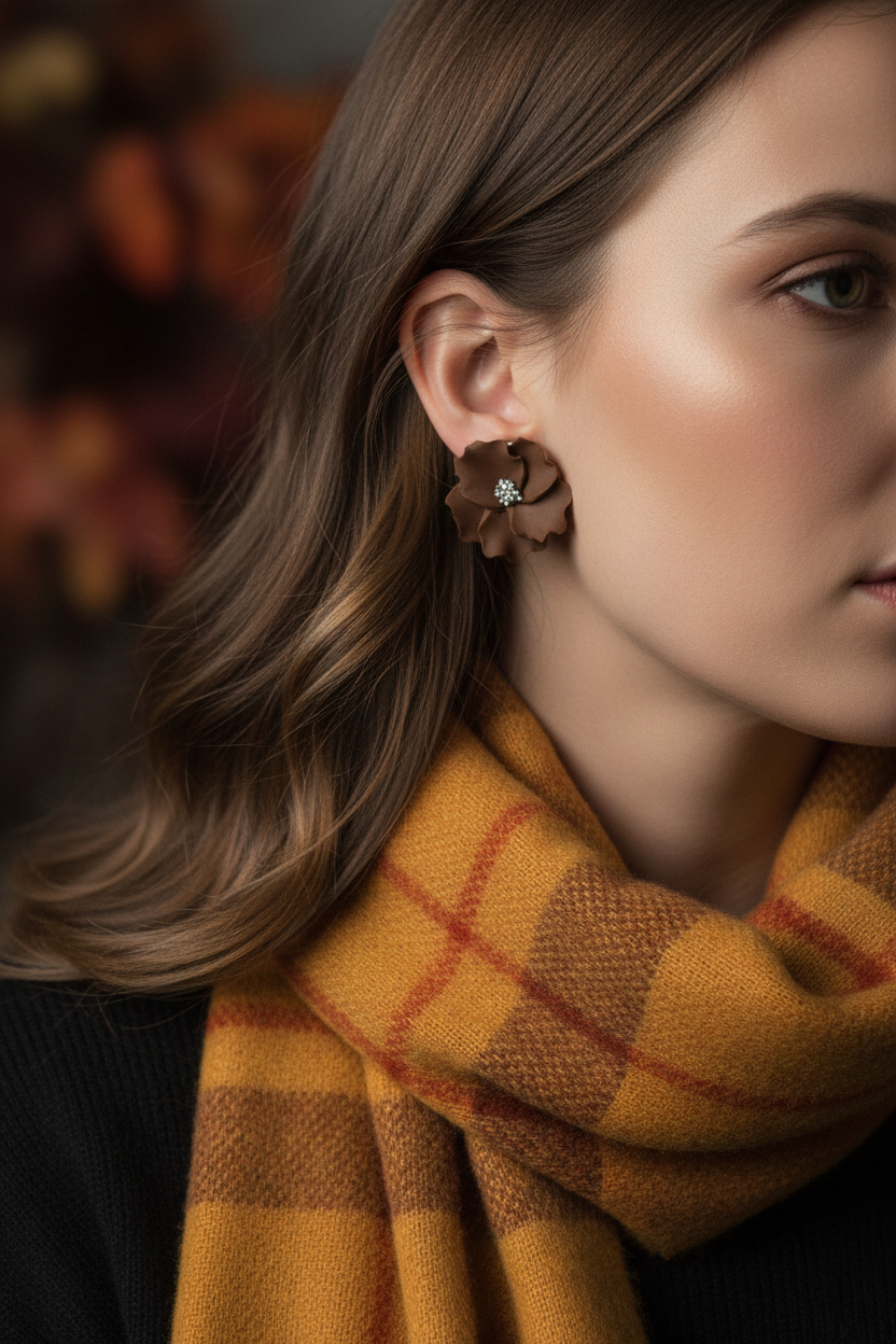 Woman wearing Autumn Petal Studs in Bronze Brown, large polymer clay floral studs with silver centre, handcrafted in New Zealand
