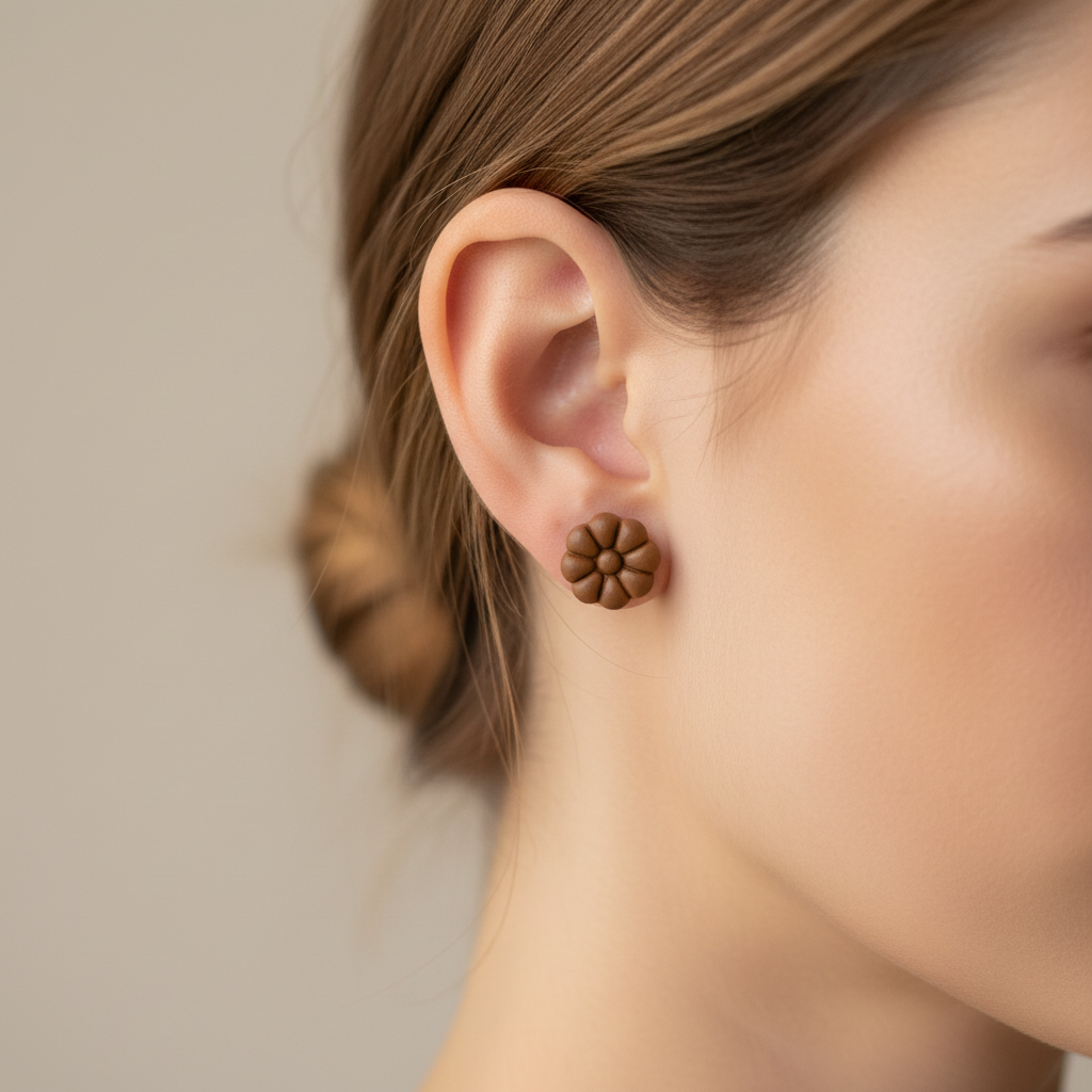 Woman wearing Dahlia Studs in Bronze Brown, warm caramel bronze polymer clay 8-petal dahlia flower studs, handcrafted in New Zealand by Crafty Larder