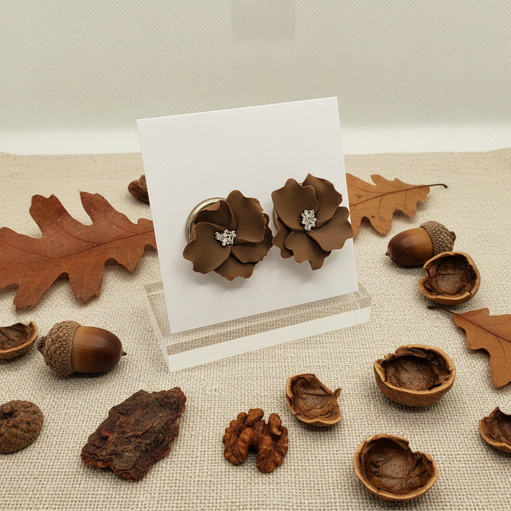 Autumn Petal Studs in Bronze Brown — handmade polymer clay floral stud earrings with silver stamen, displayed on white card with acorns and autumn botanical styling