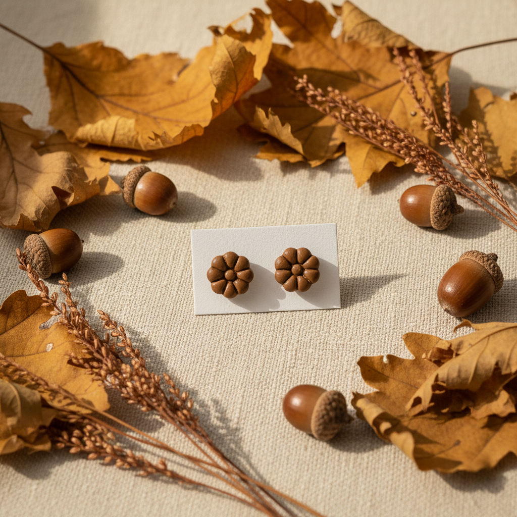 Dahlia Studs in Bronze Brown — handmade polymer clay 8-petal dahlia flower stud earrings, displayed on white card with warm golden autumn botanical styling, handcrafted in New Zealand by Crafty Larder