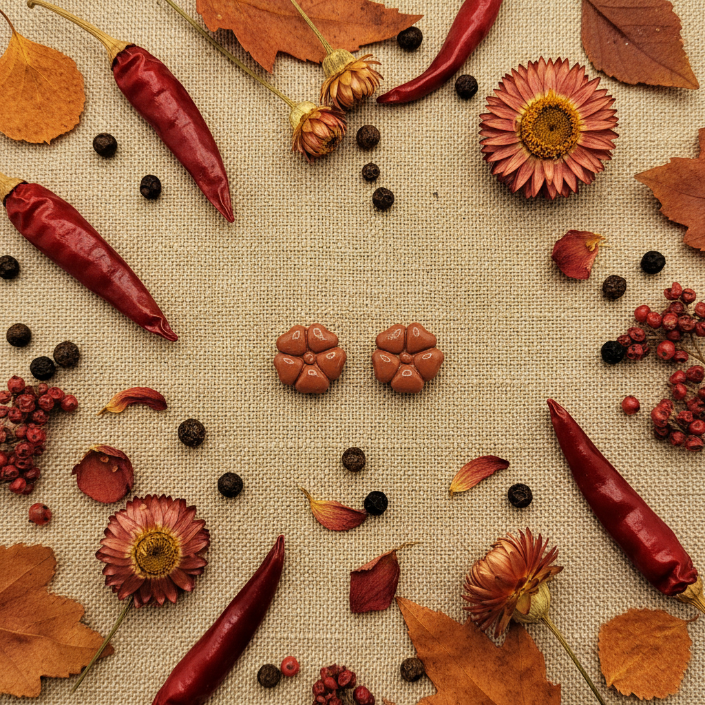 Blossom Studs in Chili Oil flat lay with dried red chillies, peppercorns and russet autumn leaves on warm linen, handmade polymer clay earrings from Crafty Larder's Harvest & Dusk Collection