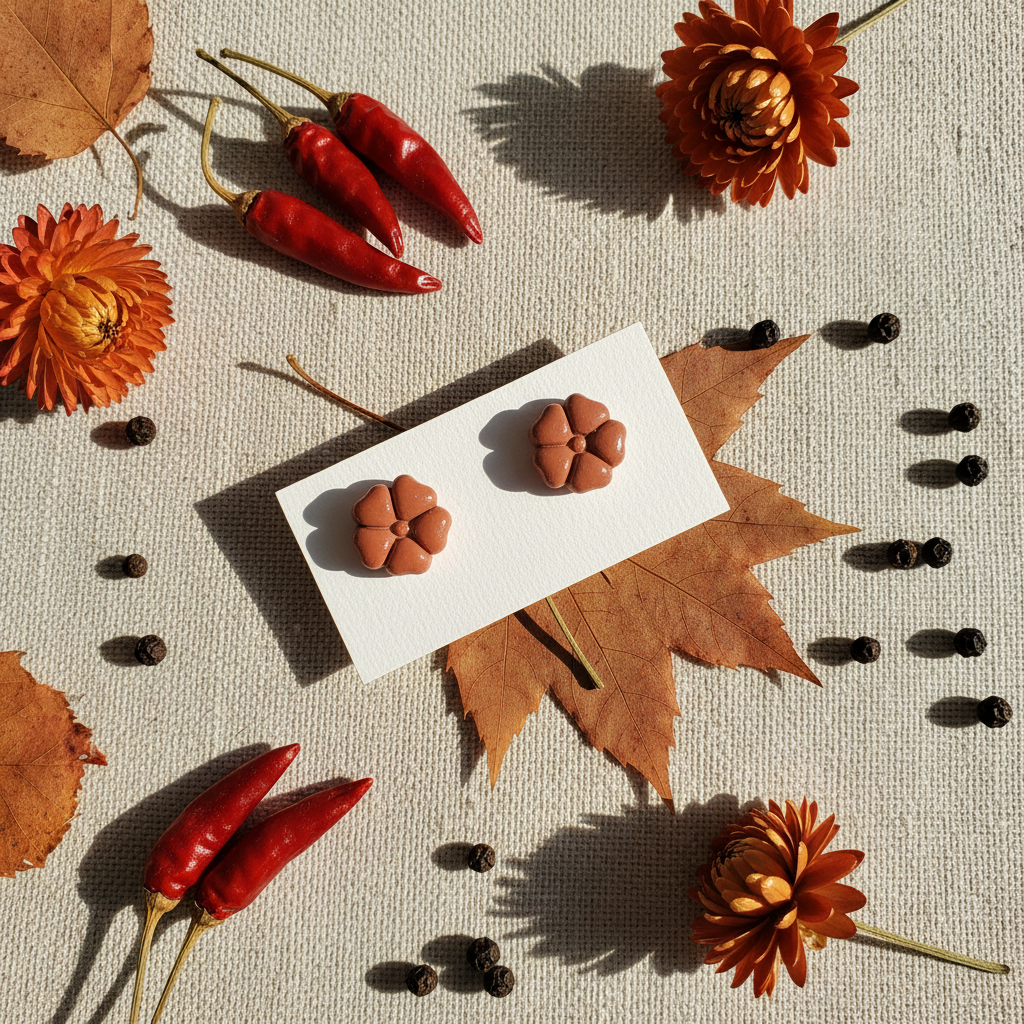 Blossom Studs in Chili Oil — handmade polymer clay 5-petal flower stud earrings, displayed on white card with warm spiced terracotta botanical styling, handcrafted in New Zealand by Crafty Larde
