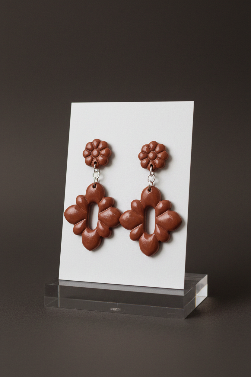 Handmade polymer clay Gerbera Drop Earrings in Chili Oil — warm terracotta brown gerbera flower stud top with quatrefoil drop, displayed on a plain white jewellery card on a clear acrylic stand