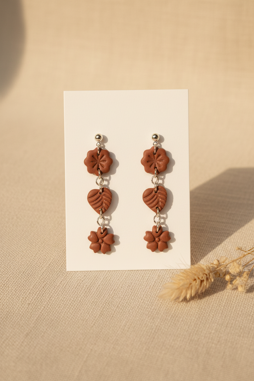 Handmade polymer clay Botanical Trio Earrings in Chili Oil — warm terracotta brown three-tier flower, leaf & flower drop earrings on a plain white jewellery card with dried botanical stem