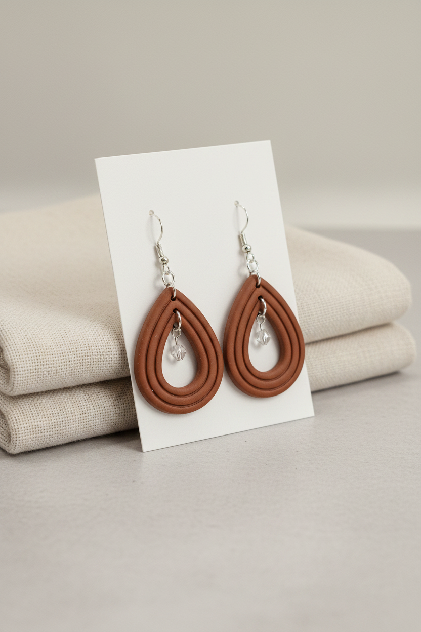 Handmade polymer clay Raindrop Crystal Earrings in Chili Oil — warm medium brown open teardrop hoop earrings with crystal bead drop, displayed on a plain white jewellery card propped against linen