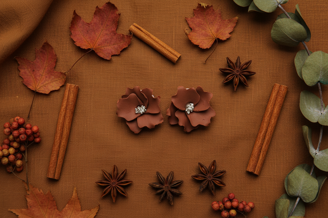 Autumn Petal Studs in Chili Oil flat lay with cinnamon sticks and star anise on dark linen, handmade polymer clay earrings from Crafty Larder's Harvest & Dusk Collection