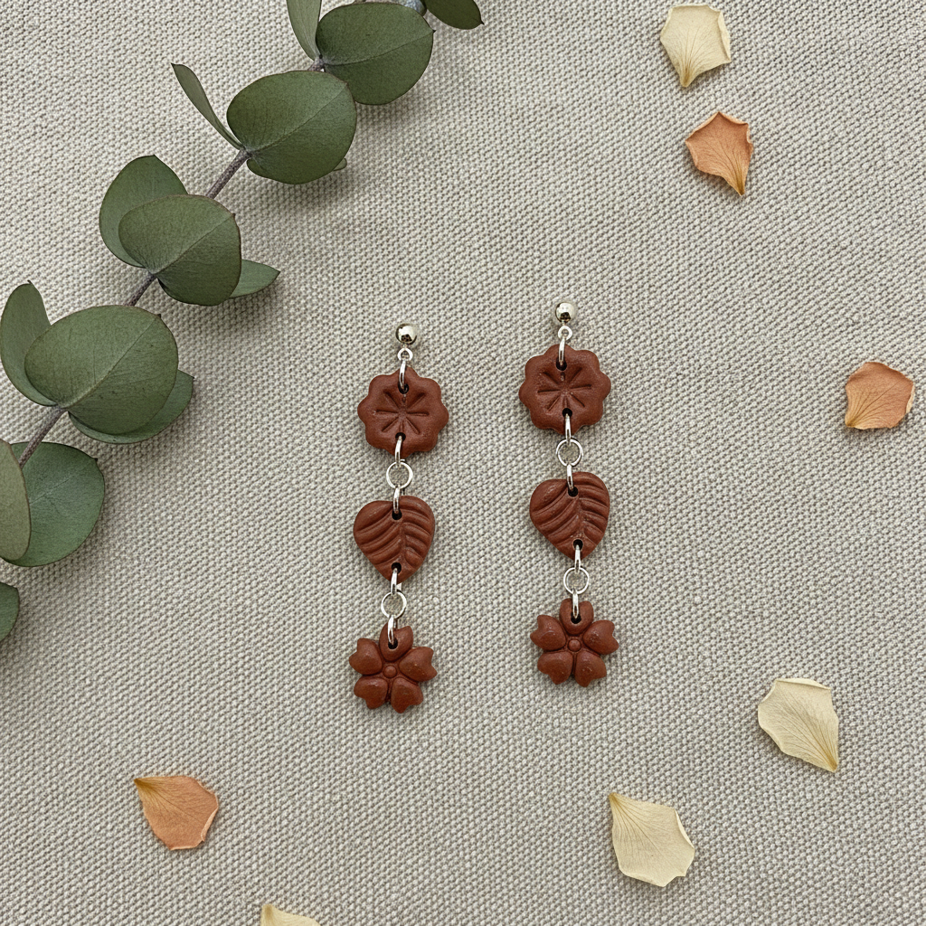 Flat lay of Crafty Larder Botanical Trio Earrings in Chili Oil on warm grey linen with eucalyptus — handmade polymer clay three-tier flower, leaf & flower drop earrings in warm terracotta brown