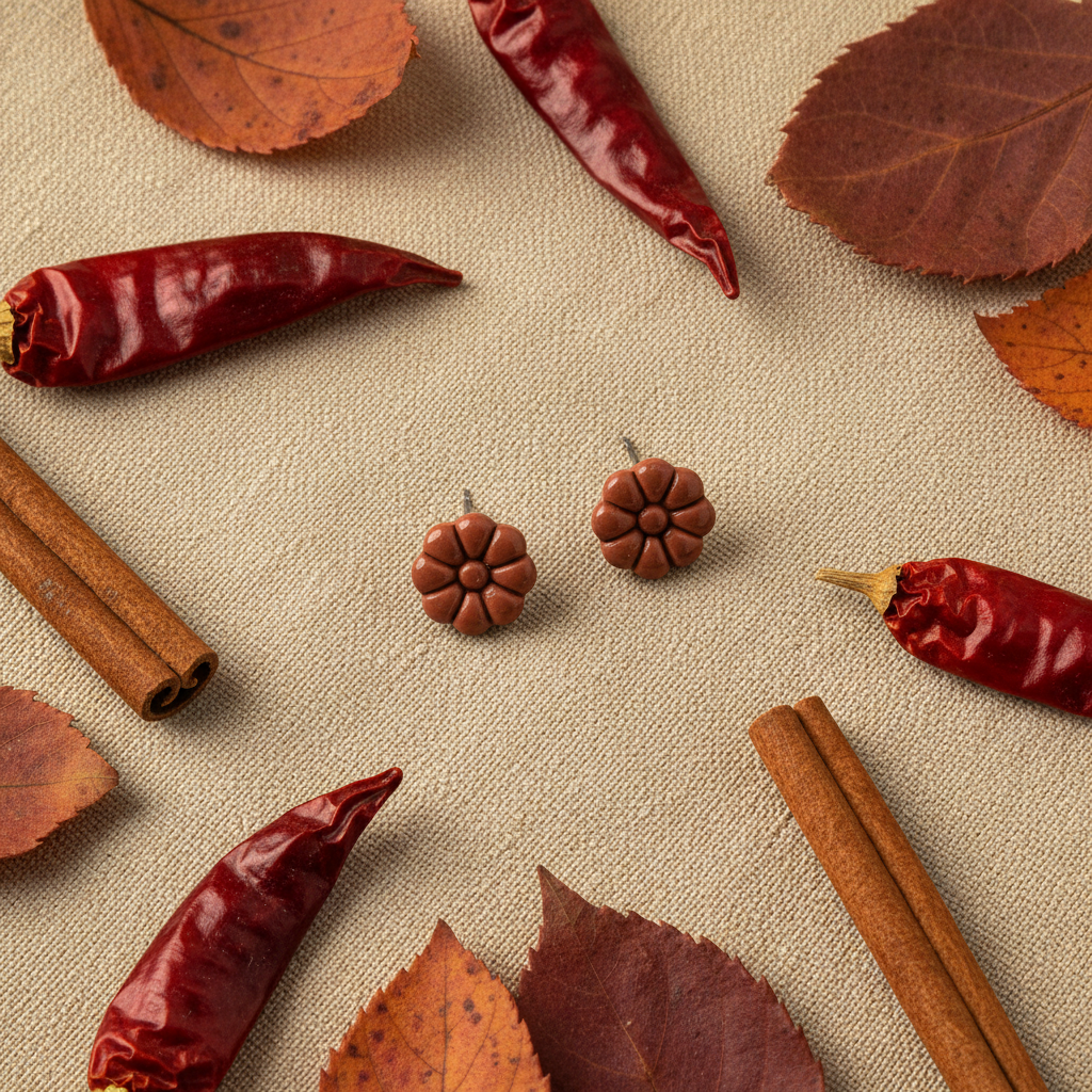 Dahlia Studs in Chili Oil flat lay with dried chillies and cinnamon sticks on warm linen, handmade polymer clay earrings from Crafty Larder's Harvest & Dusk Collection