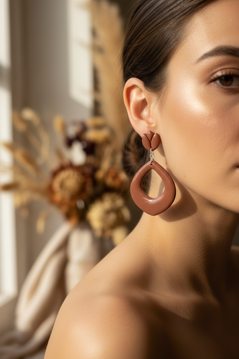 Model wearing Crafty Larder Tulip Loop Earrings in Chili Oil — handmade polymer clay dangle earrings in warm red-brown