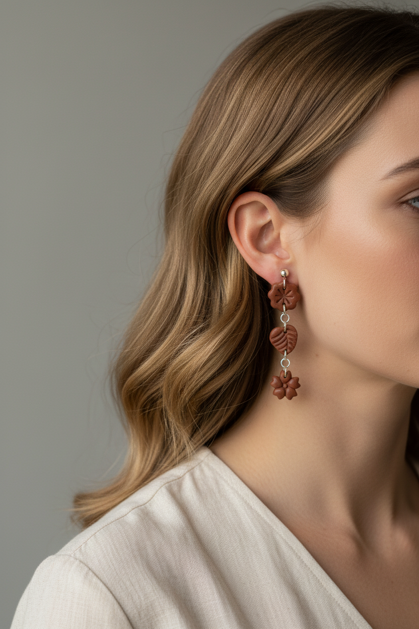 Model wearing Crafty Larder Botanical Trio Earrings in Chili Oil — handmade polymer clay three-tier botanical drop earrings in warm terracotta brown showing full length against neck and collarbone