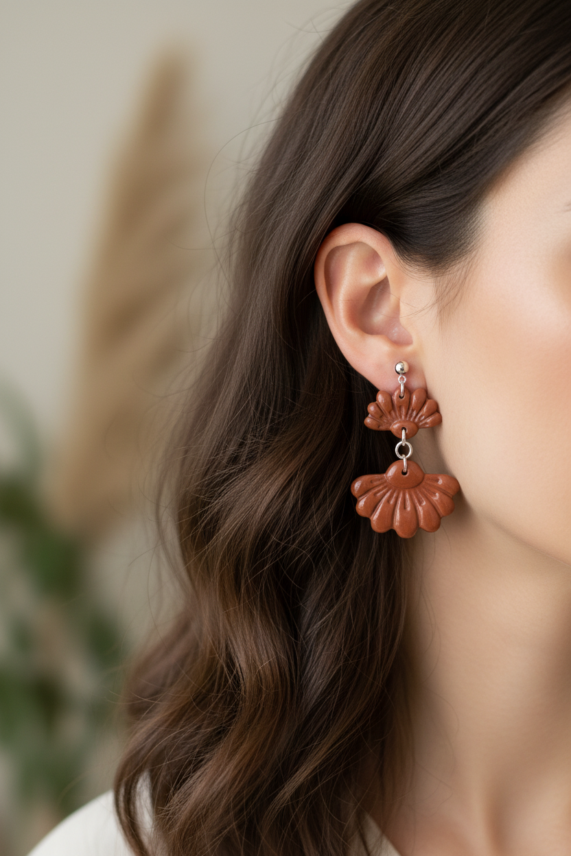 Close up of model wearing Crafty Larder Petal Tier Earrings in Chili Oil — handmade polymer clay two-tiered ruffled drop earrings in warm terracotta brown
