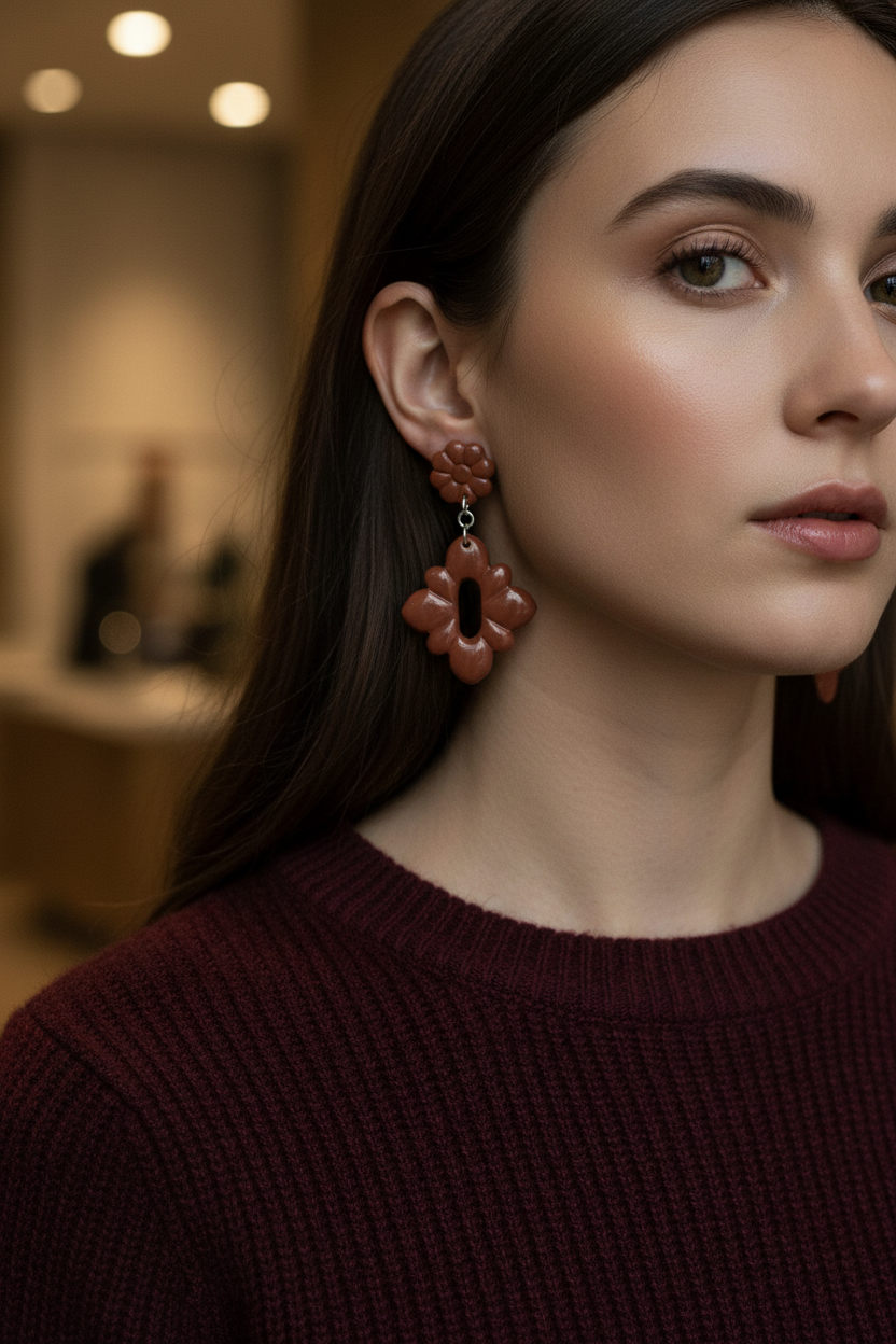 Model wearing Crafty Larder Gerbera Drop Earrings in Chili Oil — handmade polymer clay dangle earrings in warm terracotta brown, styled with a rich dark autumn winter outfit