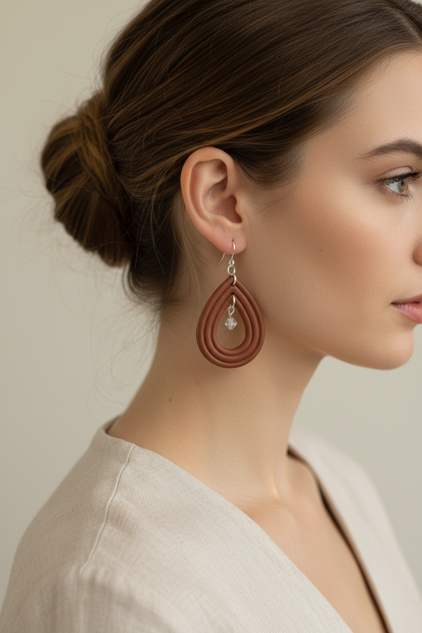 Side profile of model wearing Crafty Larder Raindrop Crystal Earrings in Chili Oil — handmade polymer clay open teardrop hoop earrings with crystal bead in warm medium brown, hair up showing full earring