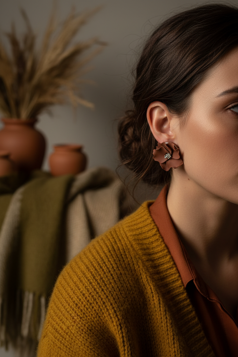 Woman wearing Autumn Petal Studs in Chili Oil terracotta-brown, large polymer clay floral studs with silver centre, handcrafted in New Zealand