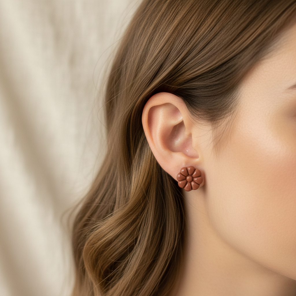Woman wearing Dahlia Studs in Chili Oil, warm terracotta rust brown polymer clay 8-petal dahlia flower studs, handcrafted in New Zealand by Crafty Larder