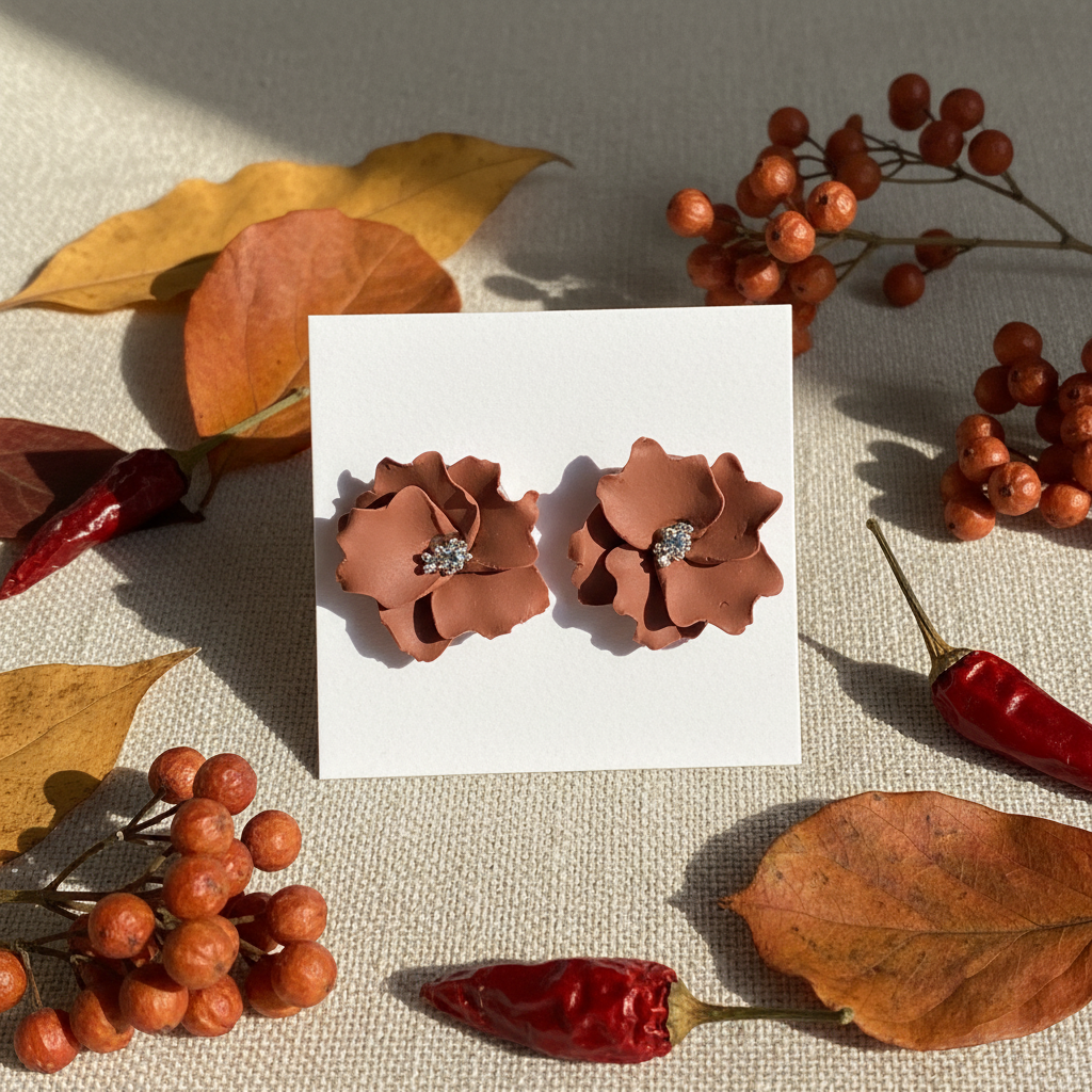 Autumn Petal Studs in Chili Oil — handmade polymer clay floral stud earrings with silver stamen, displayed on white card with dried autumn leaves and russet botanical styling