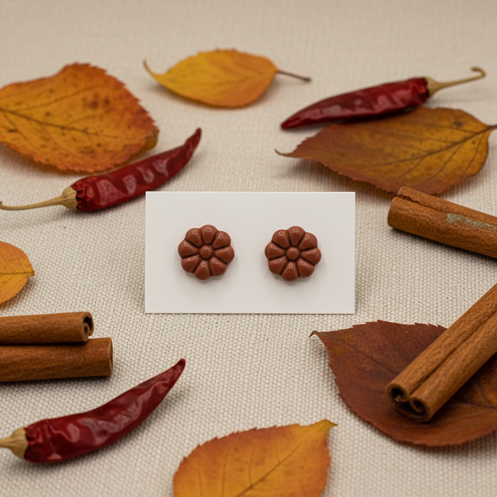 Dahlia Studs in Chili Oil — handmade polymer clay 8-petal dahlia flower stud earrings, displayed on white card with warm spicy autumn botanical styling, handcrafted in New Zealand by Crafty Larder