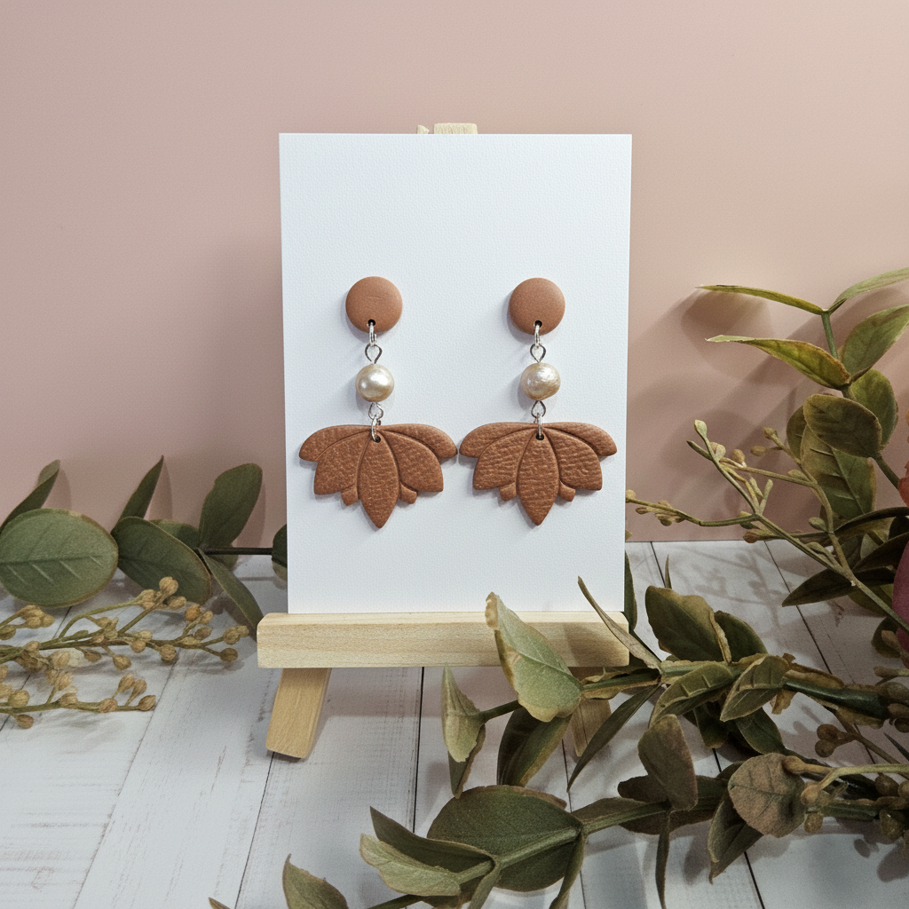 "Handmade polymer clay cocoa bean and pearl earrings with lotus leaf dangles"