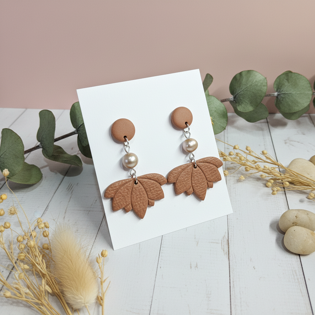 "Handmade polymer clay cocoa bean and pearl earrings with lotus leaf dangles"