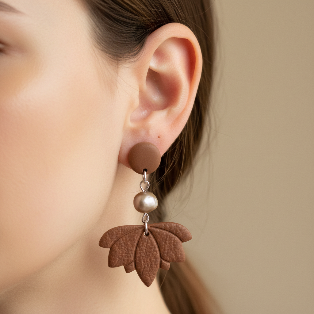 "Handmade polymer clay cocoa bean and pearl earrings with lotus leaf dangles"