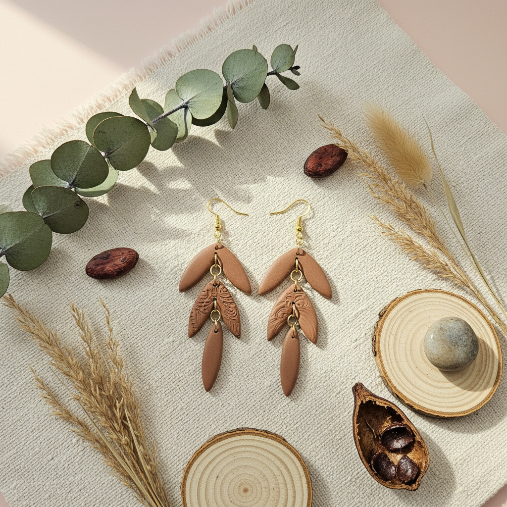 "Handmade polymer clay cocoa bean statement earrings with layered brown petals and embossed feather details"