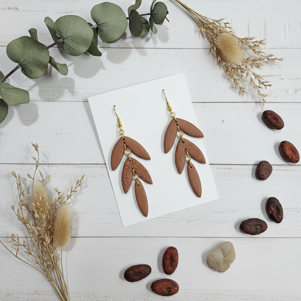 "Handmade polymer clay cocoa bean statement earrings with layered brown petals and embossed feather details"