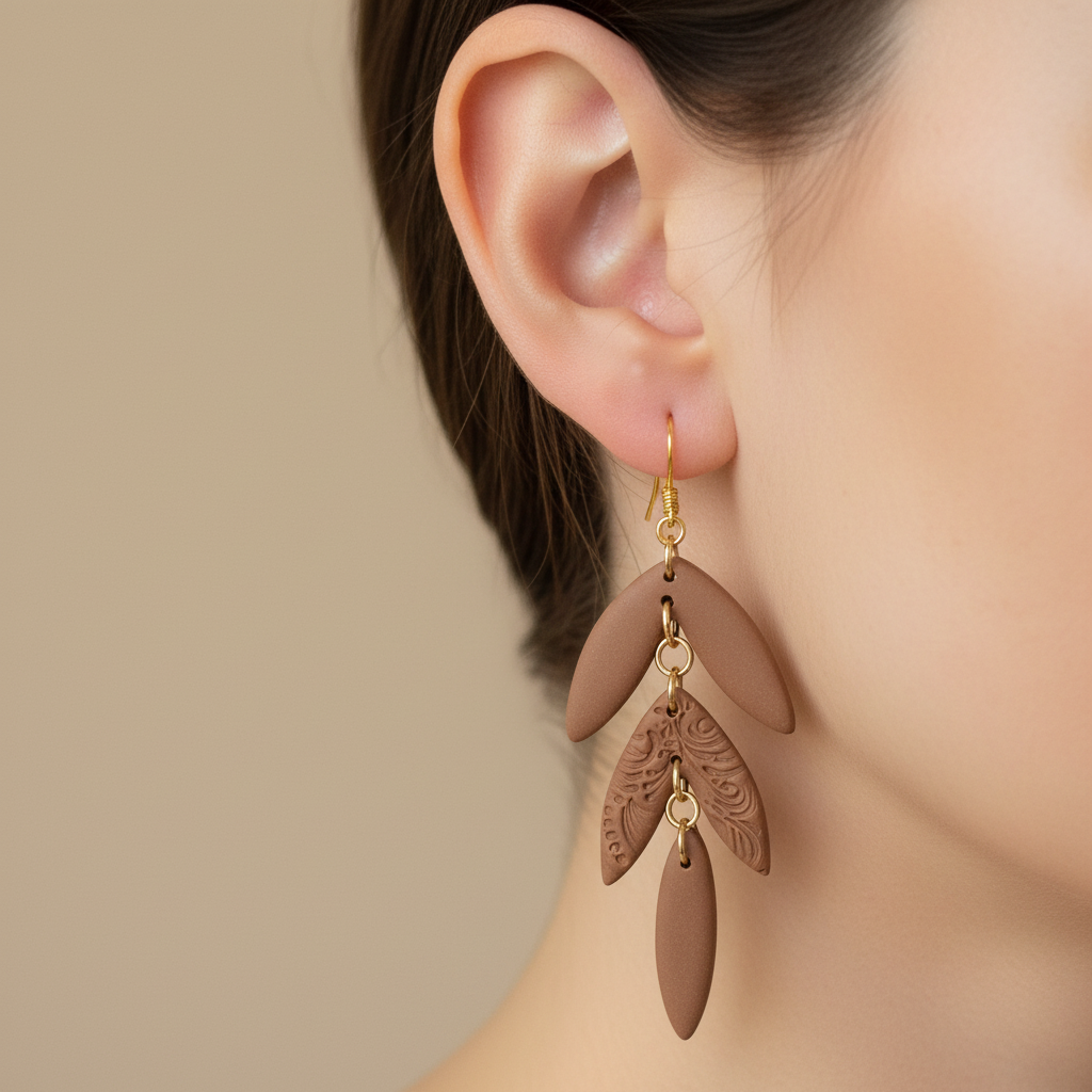 "Handmade polymer clay cocoa bean statement earrings with layered brown petals and embossed feather details"